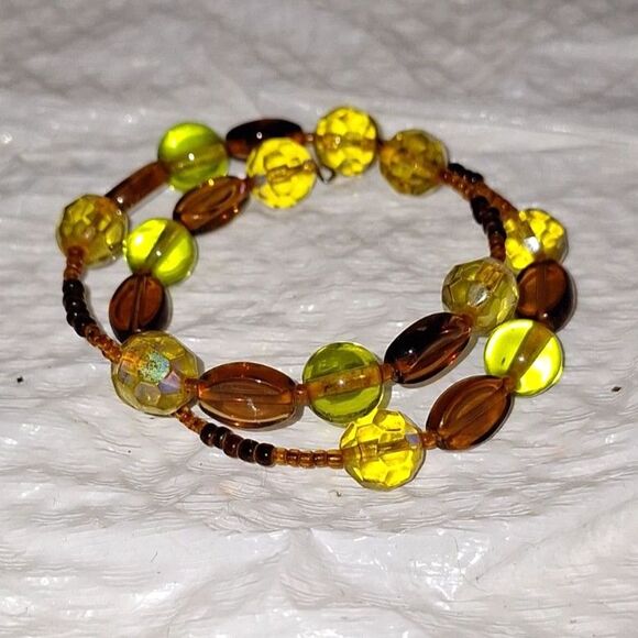 Amber Glass Memory Wire Wrap Bracelet AB Coated Fairycore Elegant Sparkly - Picture 1 of 7